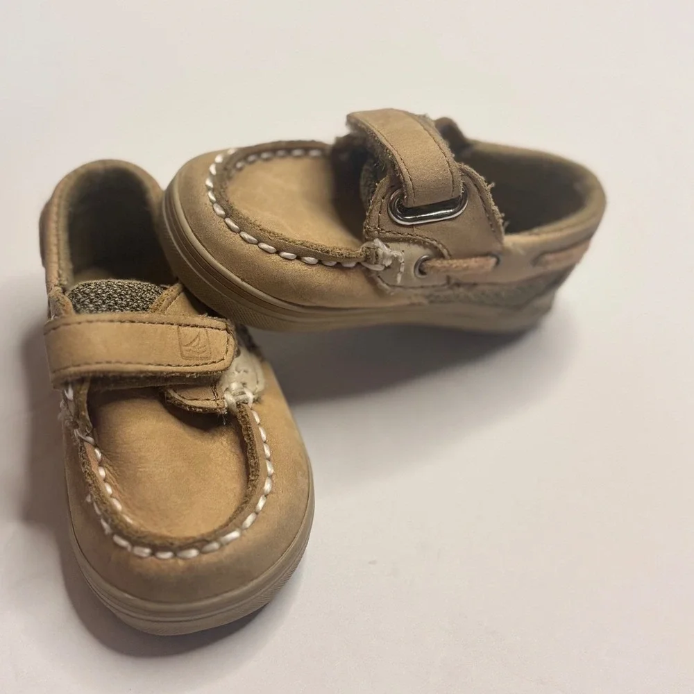Sperry Top-Sider Kids Tan Leather Mesh Boat Shoes Hook Loop Loafers Toddler 4